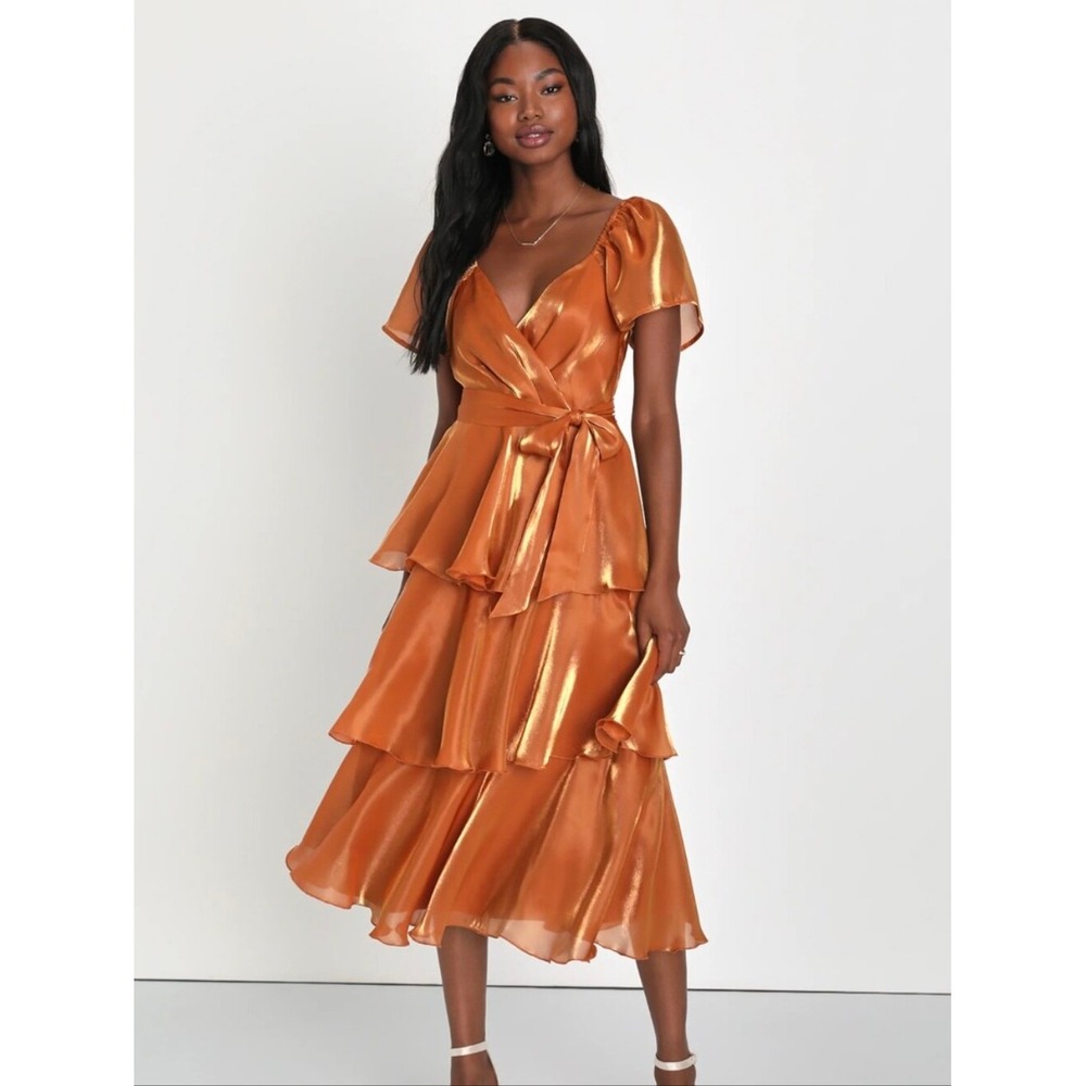 Lulus Glowing Spirit Rust Metallic Tiered Midi Dress Small